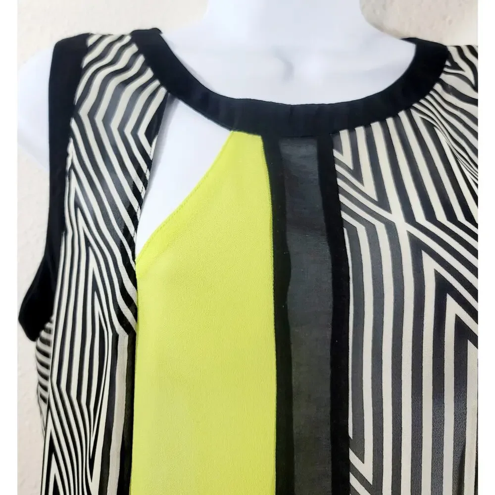Mentha & Chocolate Black White Yellow Geo Print Sheer Top Medium Lightweight